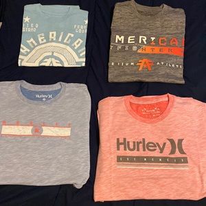 4 t shirts bundle 2 Hurley shirts and 2 American fighter shirts